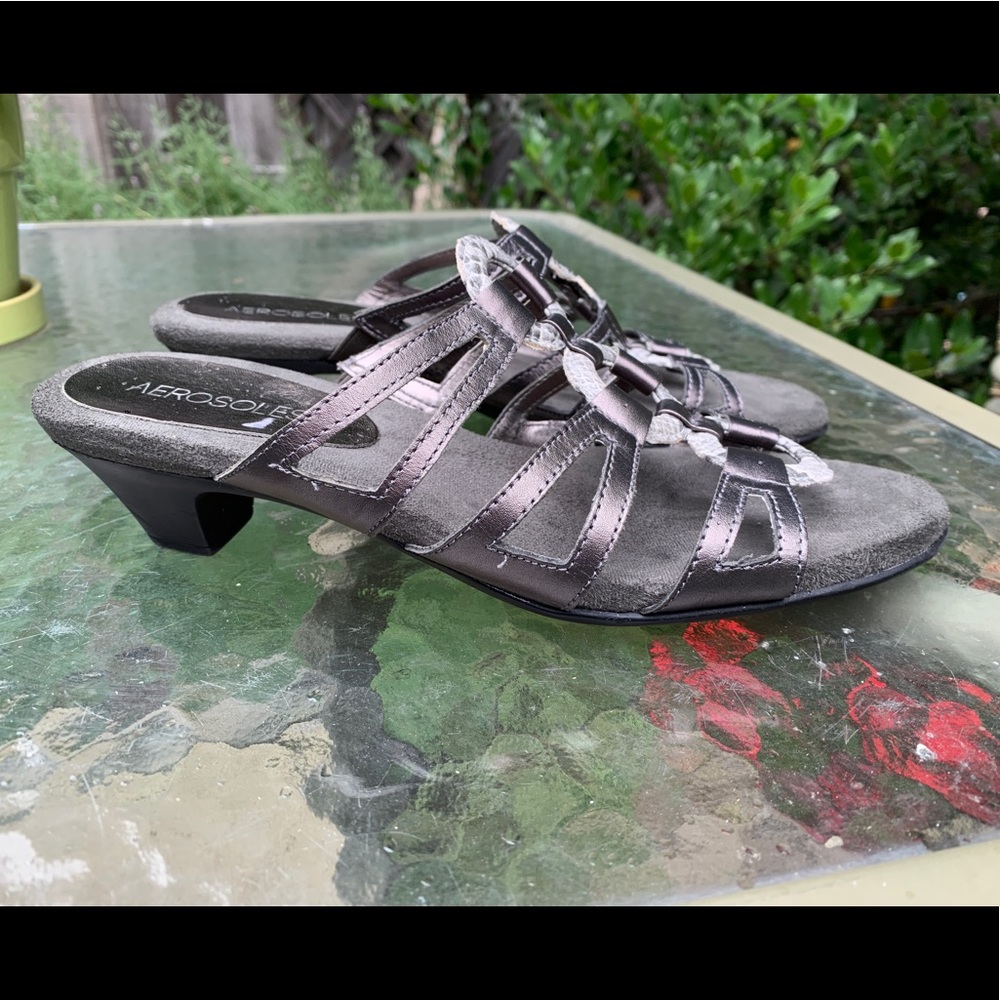 AEROSOLES Gunmetal Strappy Low Heel Slide Sandals